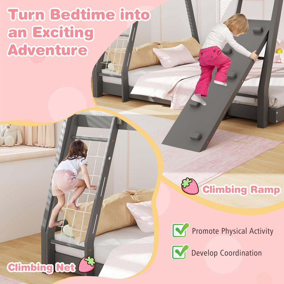 Twin Over Queen Bunk Bed Wooden Kids Bed with Climbing Nets and Ramp-Gray-Toddler Beds-DECOROLALA