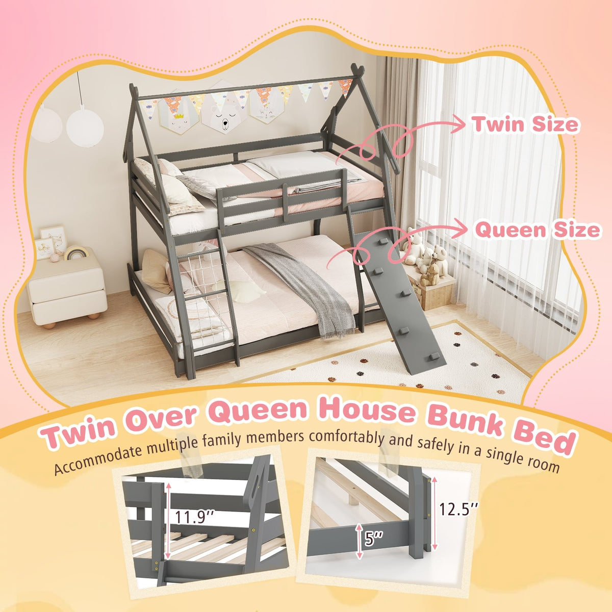 Twin Over Queen Bunk Bed Wooden Kids Bed with Climbing Nets and Ramp-Gray-Toddler Beds-DECOROLALA