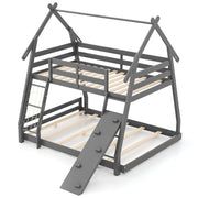 Twin Over Queen Bunk Bed Wooden Kids Bed with Climbing Nets and Ramp-Gray-Toddler Beds-DECOROLALA