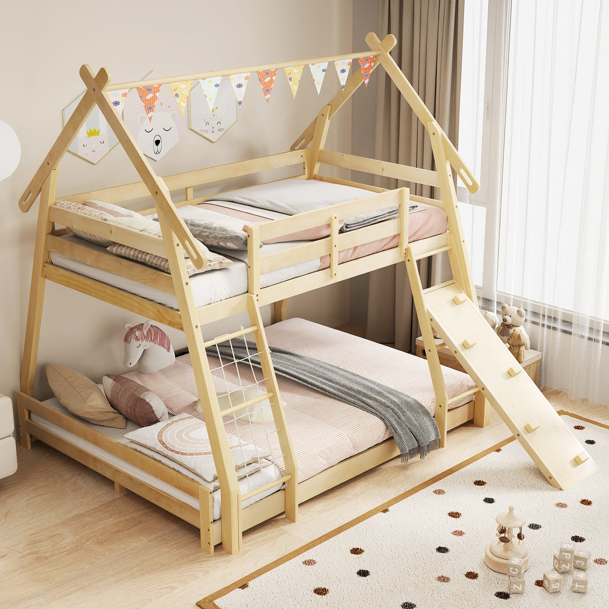Twin Over Queen Bunk Bed Wooden Kids Bed with Climbing Nets and Ramp-Natural-Toddler Beds-DECOROLALA