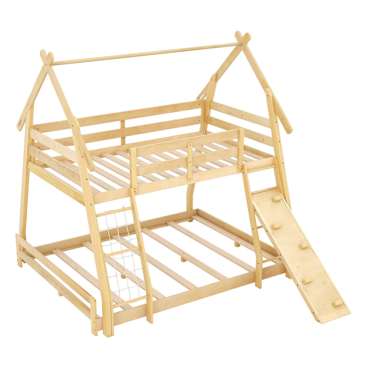 Twin Over Queen Bunk Bed Wooden Kids Bed with Climbing Nets and Ramp-Natural-Toddler Beds-DECOROLALA