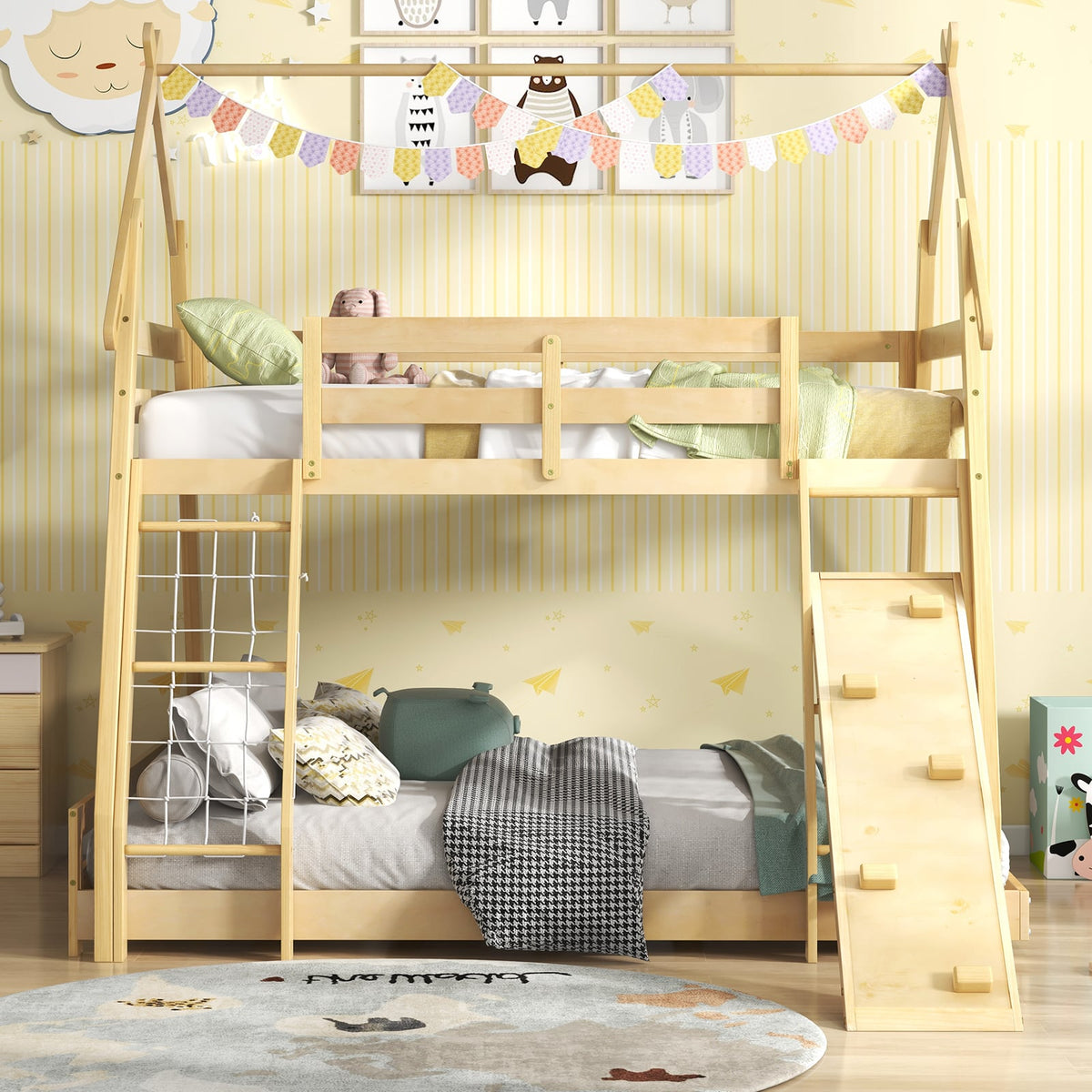 Twin Over Queen Bunk Bed Wooden Kids Bed with Climbing Nets and Ramp-Natural-Toddler Beds-DECOROLALA