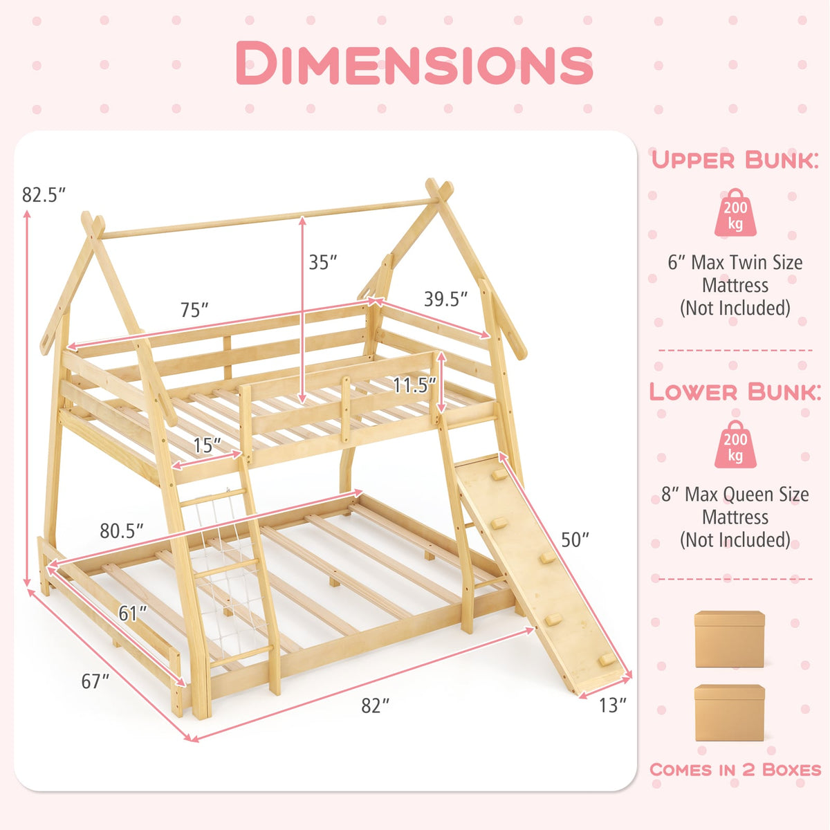 Twin Over Queen Bunk Bed Wooden Kids Bed with Climbing Nets and Ramp-Natural-Toddler Beds-DECOROLALA
