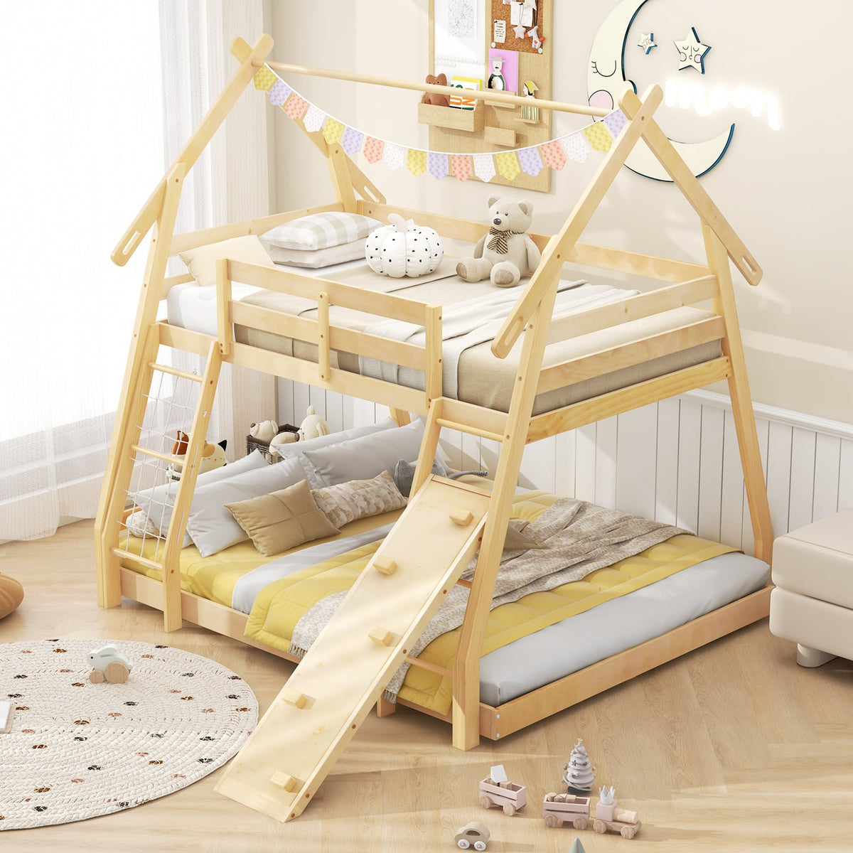 Twin Over Queen Bunk Bed Wooden Kids Bed with Climbing Nets and Ramp-Natural-Toddler Beds-DECOROLALA