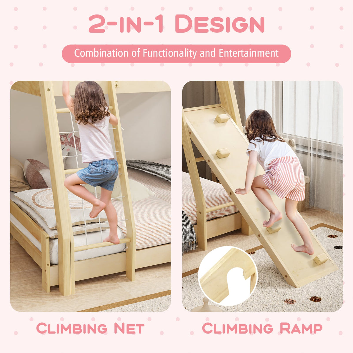 Twin Over Queen Bunk Bed Wooden Kids Bed with Climbing Nets and Ramp-Natural-Toddler Beds-DECOROLALA