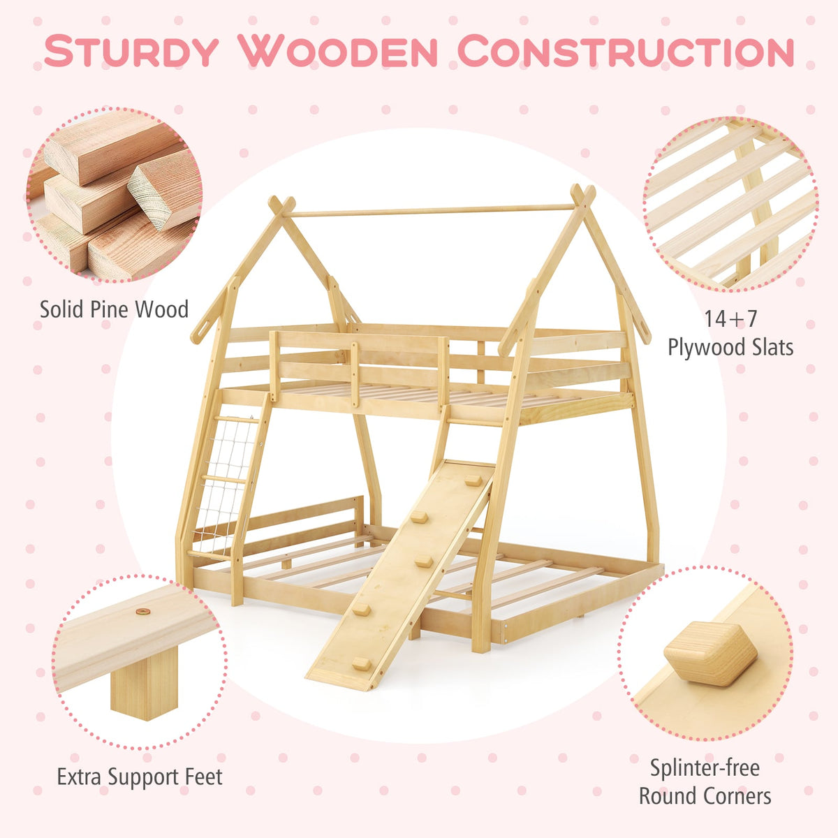Twin Over Queen Bunk Bed Wooden Kids Bed with Climbing Nets and Ramp-Natural-Toddler Beds-DECOROLALA