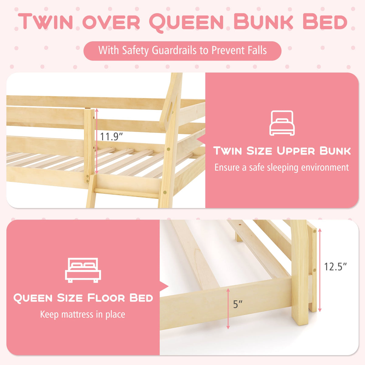 Twin Over Queen Bunk Bed Wooden Kids Bed with Climbing Nets and Ramp-Natural-Toddler Beds-DECOROLALA