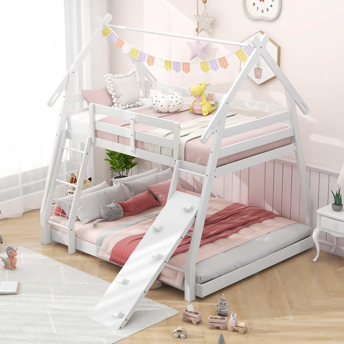 Twin Over Queen Bunk Bed Wooden Kids Bed with Climbing Nets and Ramp-White-Toddler Beds-DECOROLALA