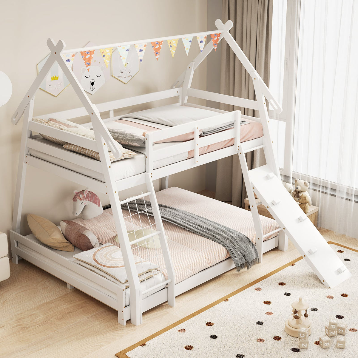 Twin Over Queen Bunk Bed Wooden Kids Bed with Climbing Nets and Ramp-White-Toddler Beds-DECOROLALA