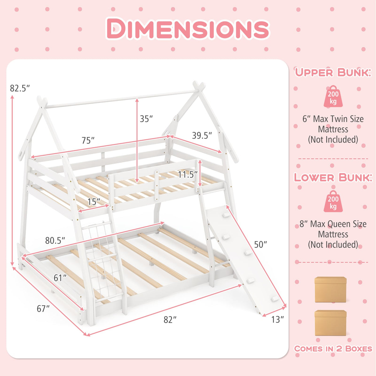 Twin Over Queen Bunk Bed Wooden Kids Bed with Climbing Nets and Ramp-White-Toddler Beds-DECOROLALA