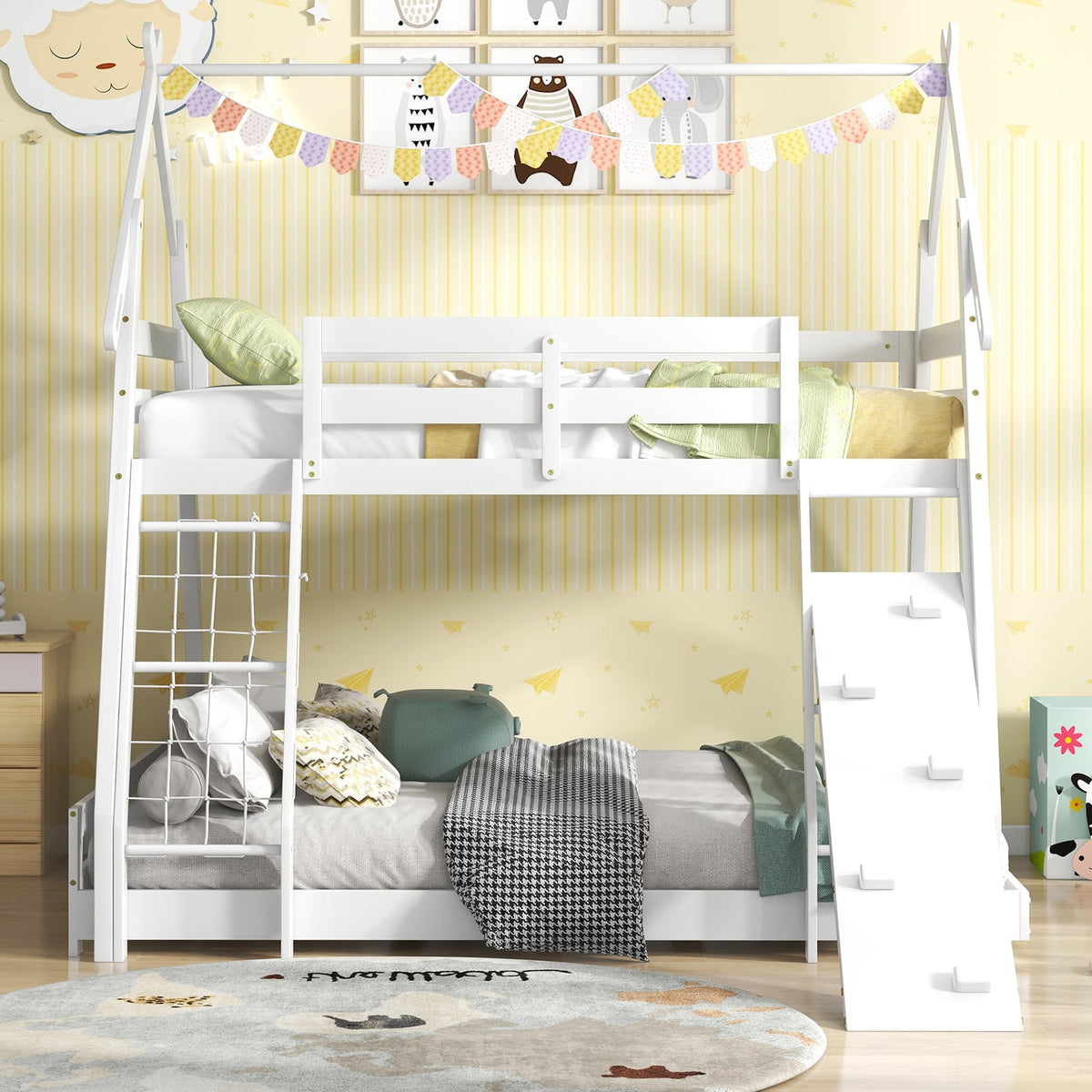 Twin Over Queen Bunk Bed Wooden Kids Bed with Climbing Nets and Ramp-White-Toddler Beds-DECOROLALA