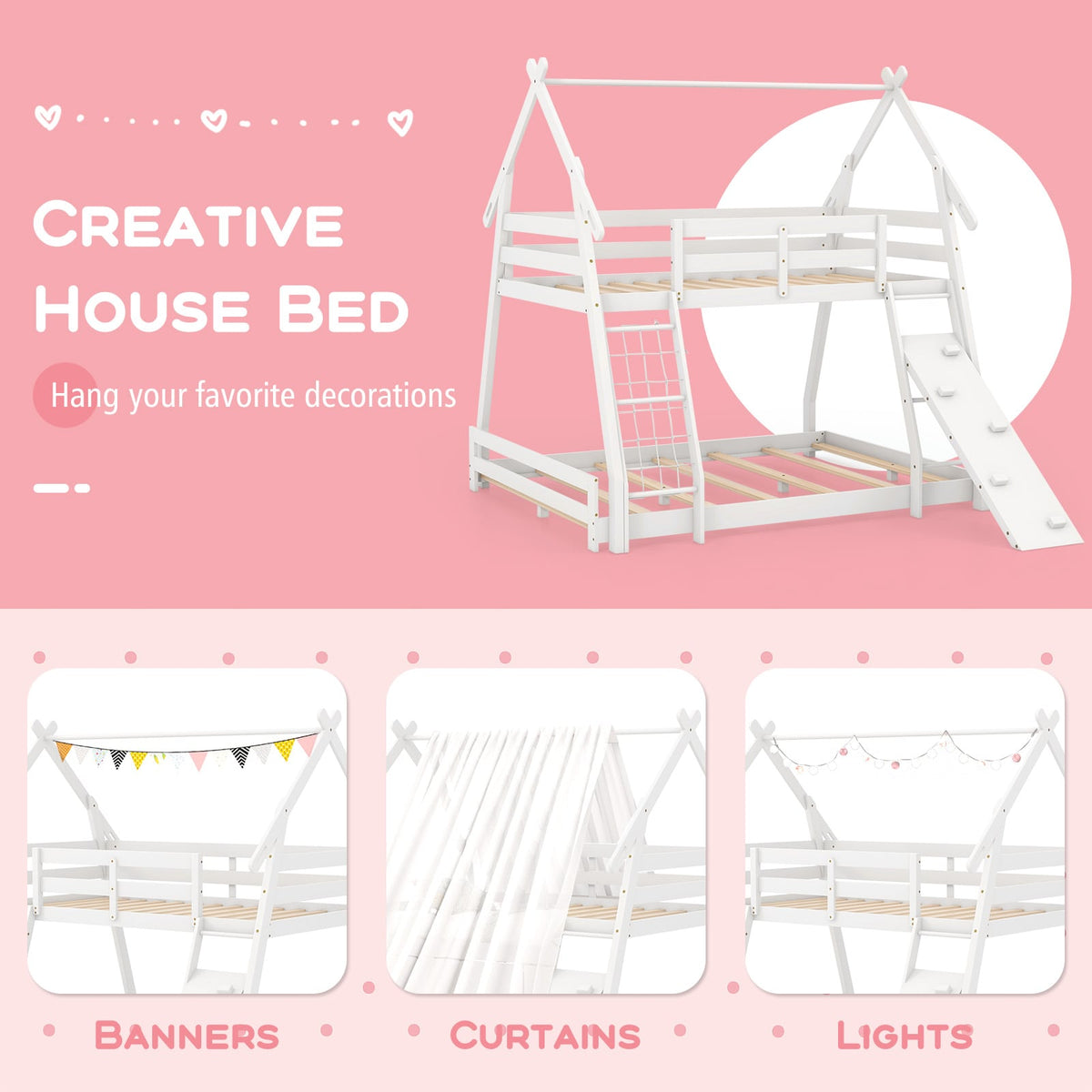 Twin Over Queen Bunk Bed Wooden Kids Bed with Climbing Nets and Ramp-White-Toddler Beds-DECOROLALA