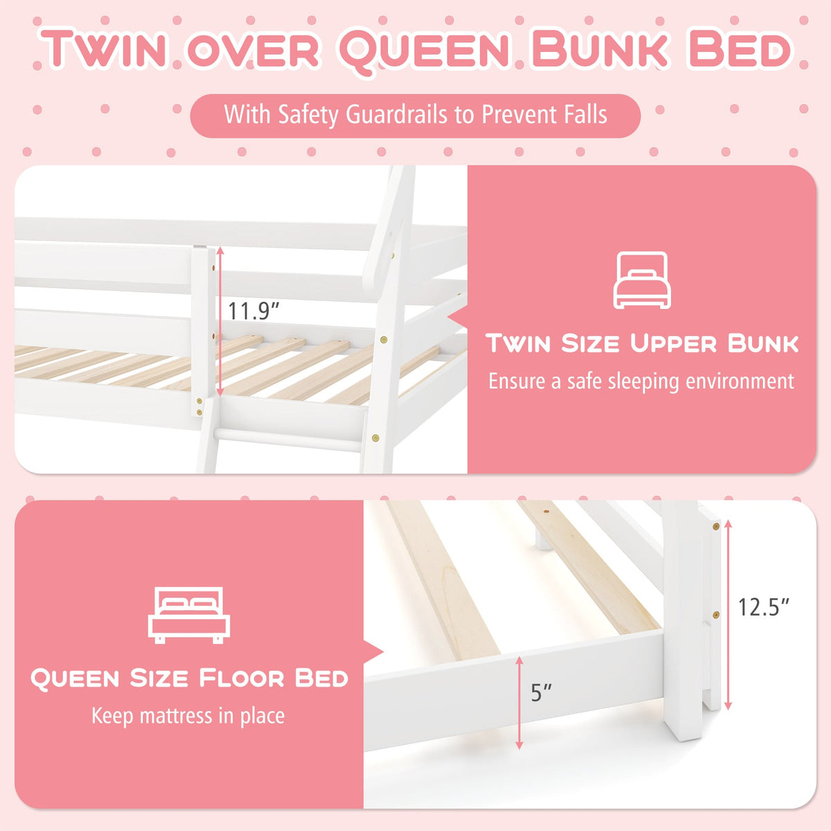 Twin Over Queen Bunk Bed Wooden Kids Bed with Climbing Nets and Ramp-White-Toddler Beds-DECOROLALA