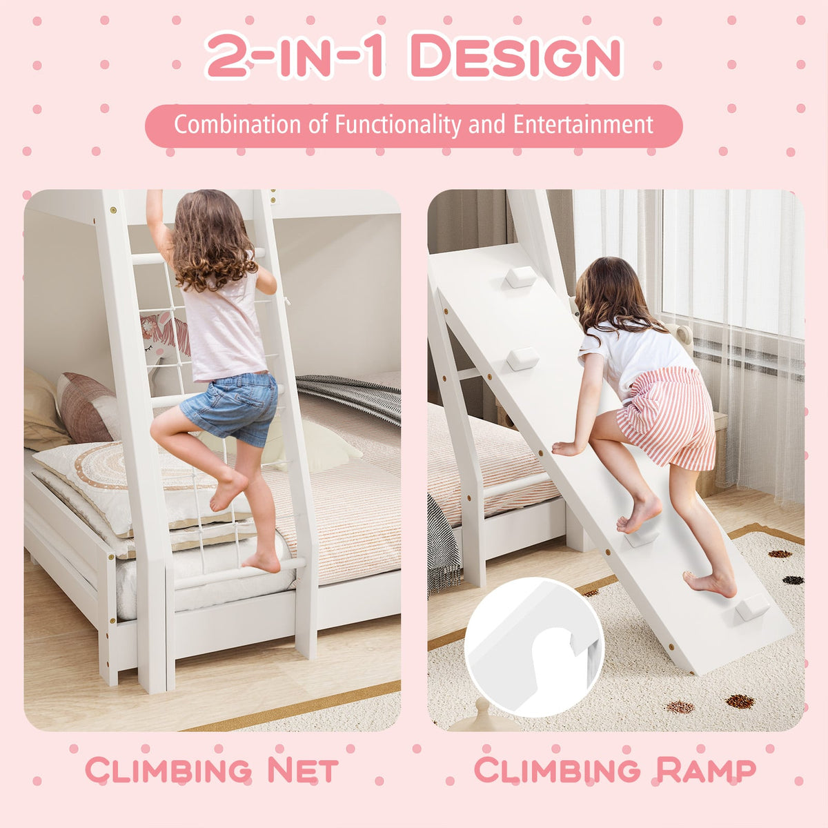 Twin Over Queen Bunk Bed Wooden Kids Bed with Climbing Nets and Ramp-White-Toddler Beds-DECOROLALA