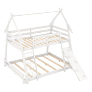 Twin Over Queen Bunk Bed Wooden Kids Bed with Climbing Nets and Ramp-White-Toddler Beds-DECOROLALA