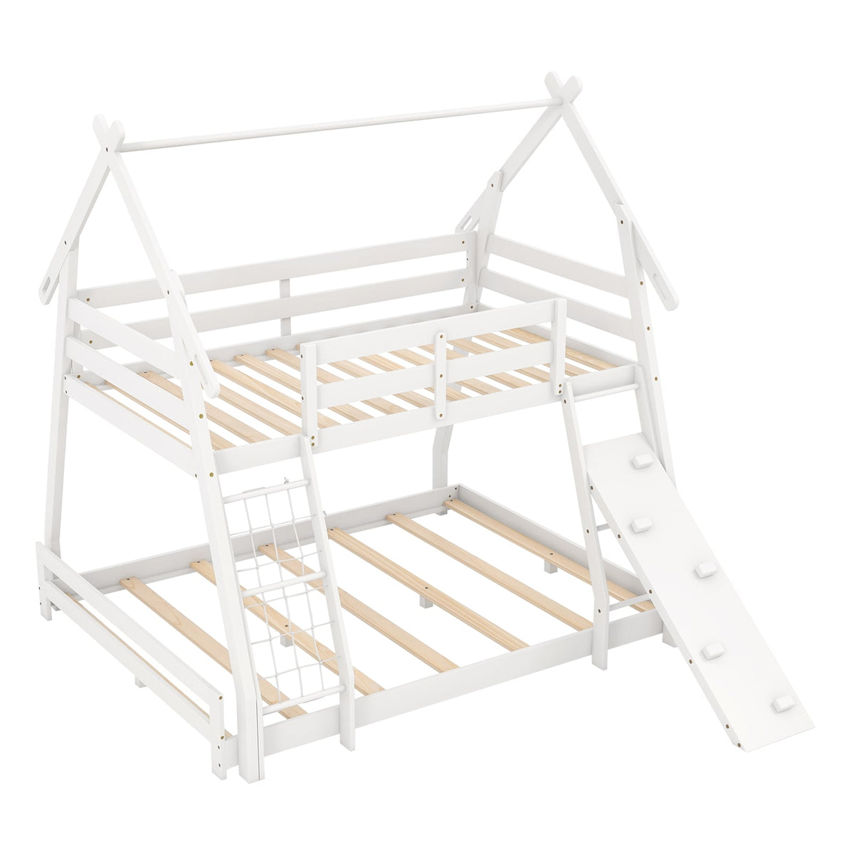 Twin Over Queen Bunk Bed Wooden Kids Bed with Climbing Nets and Ramp-White-Toddler Beds-DECOROLALA