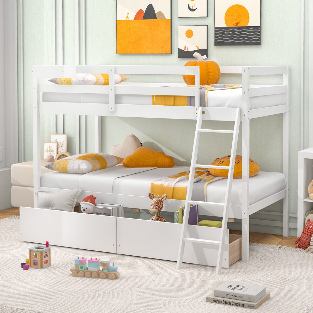 Twin Over Twin Bunk Bed Wood Bed Frame with 2 Storage Drawers and Ladder-Bunk Bed Frame-DECOROLALA