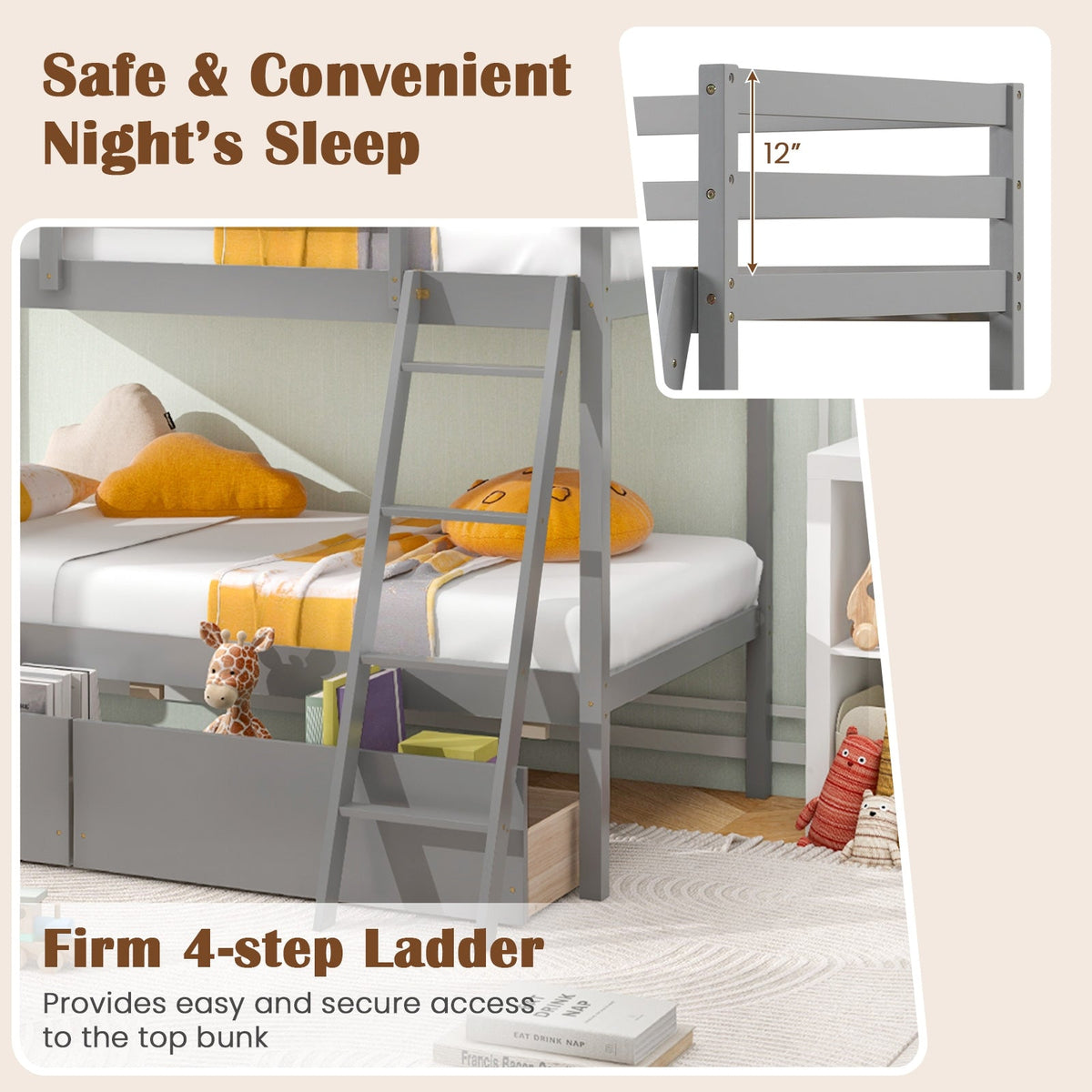Twin Over Twin Bunk Bed Wood Bed Frame with 2 Storage Drawers and Ladder-Bunk Bed Frame-DECOROLALA