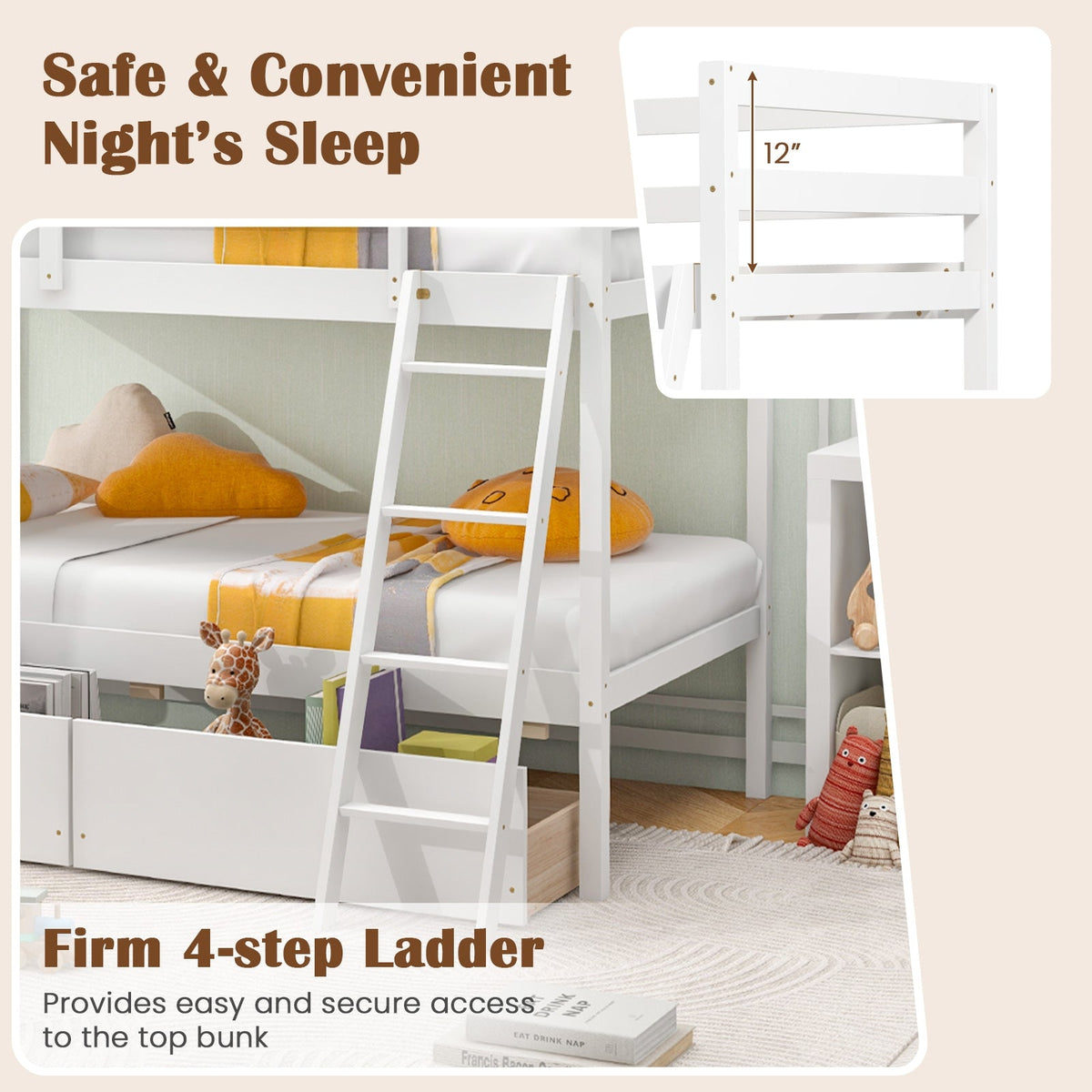 Twin Over Twin Bunk Bed Wood Bed Frame with 2 Storage Drawers and Ladder-Bunk Bed Frame-DECOROLALA