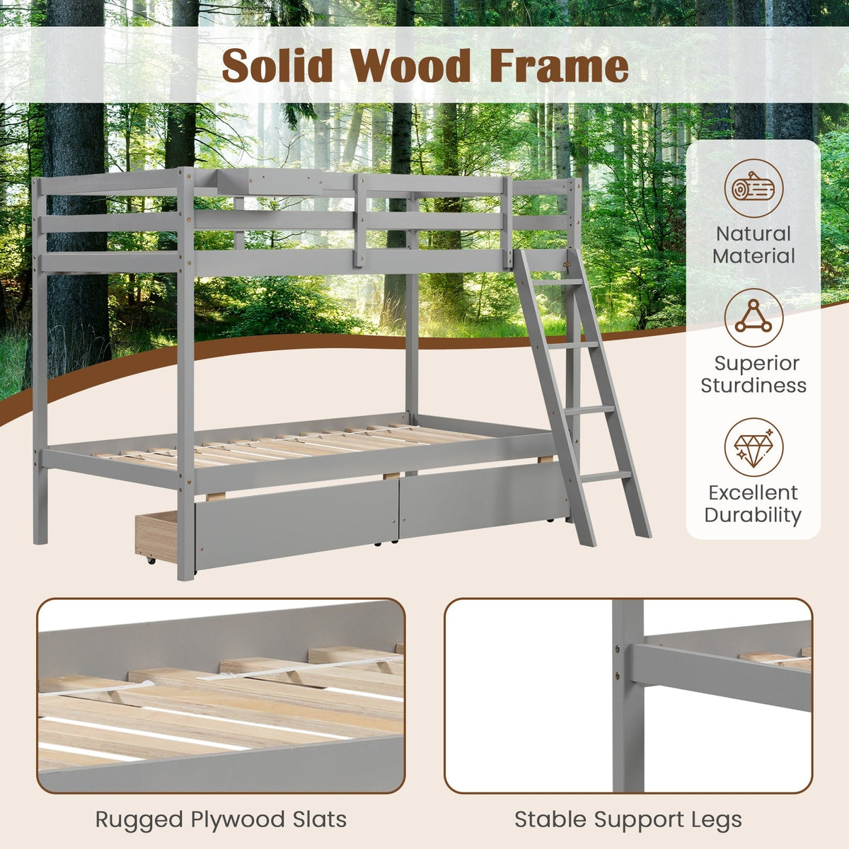 Twin Over Twin Bunk Bed Wood Bed Frame with 2 Storage Drawers and Ladder-Bunk Bed Frame-DECOROLALA
