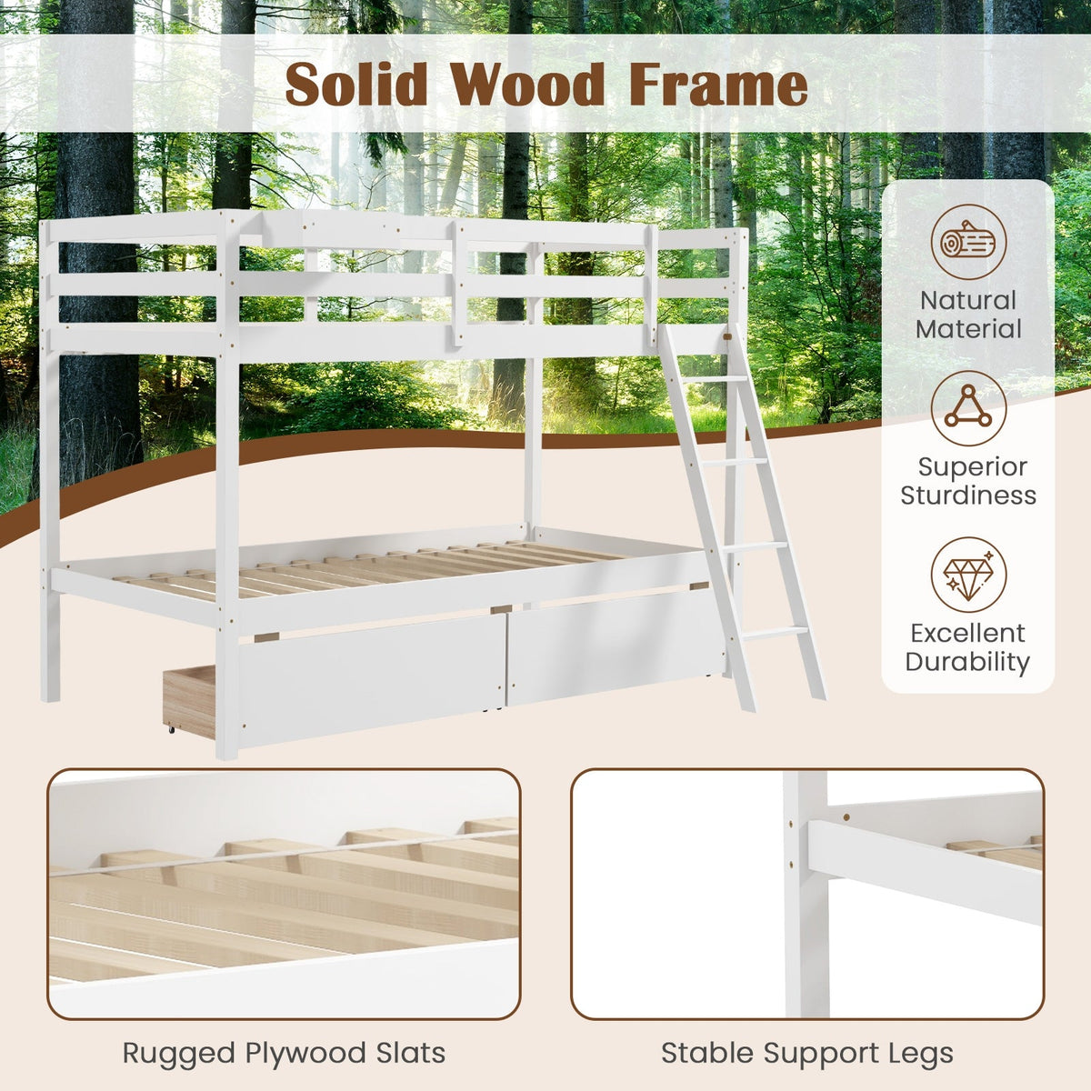 Twin Over Twin Bunk Bed Wood Bed Frame with 2 Storage Drawers and Ladder-Bunk Bed Frame-DECOROLALA