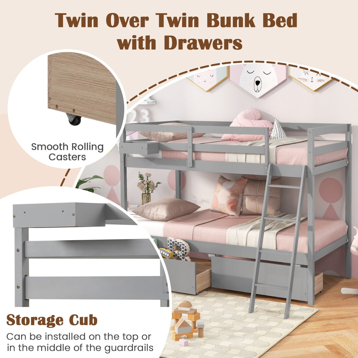 Twin Over Twin Bunk Bed Wood Bed Frame with 2 Storage Drawers and Ladder-Bunk Bed Frame-DECOROLALA