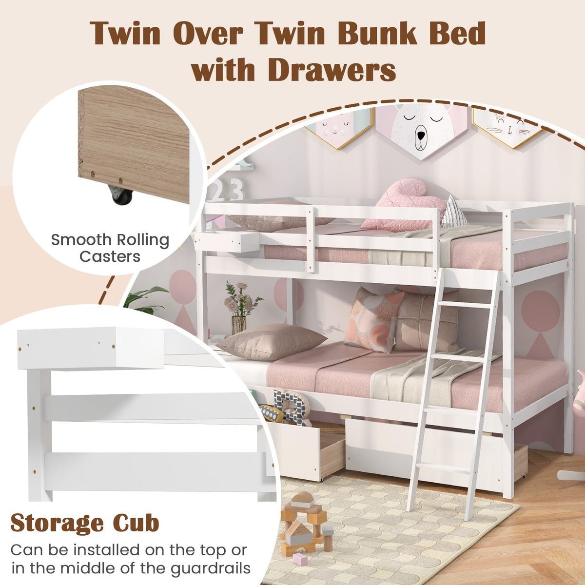 Twin Over Twin Bunk Bed Wood Bed Frame with 2 Storage Drawers and Ladder-Bunk Bed Frame-DECOROLALA