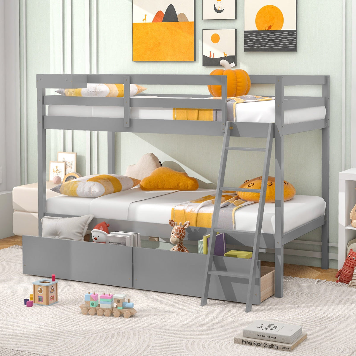 Twin Over Twin Bunk Bed Wood Bed Frame with 2 Storage Drawers and Ladder-Bunk Bed Frame-DECOROLALA