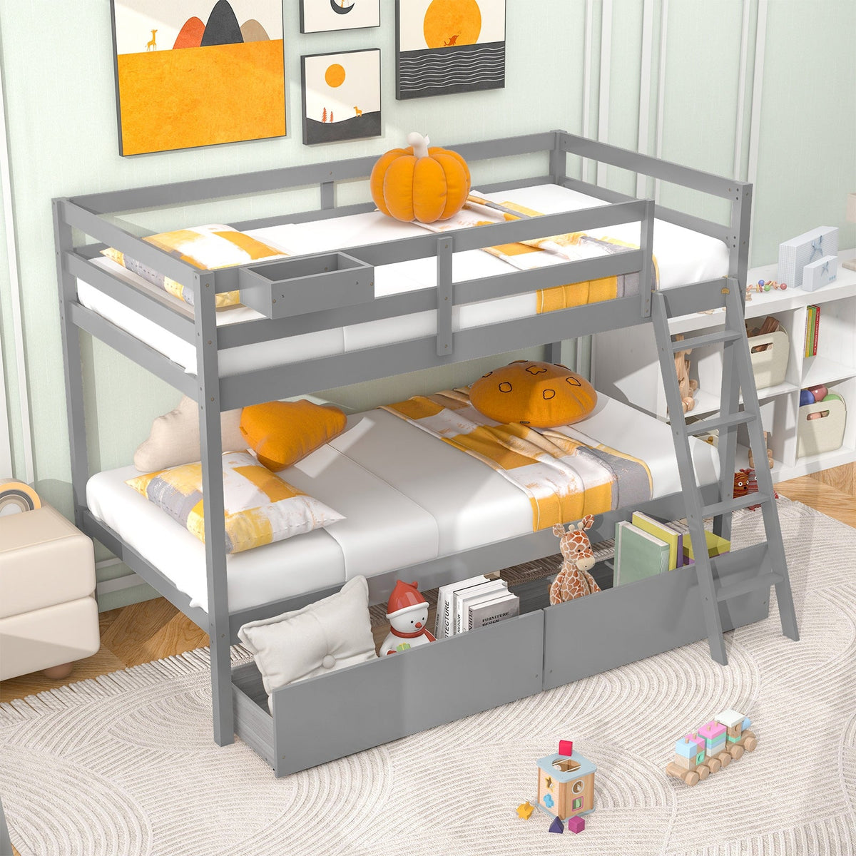 Twin Over Twin Bunk Bed Wood Bed Frame with 2 Storage Drawers and Ladder-Bunk Bed Frame-DECOROLALA