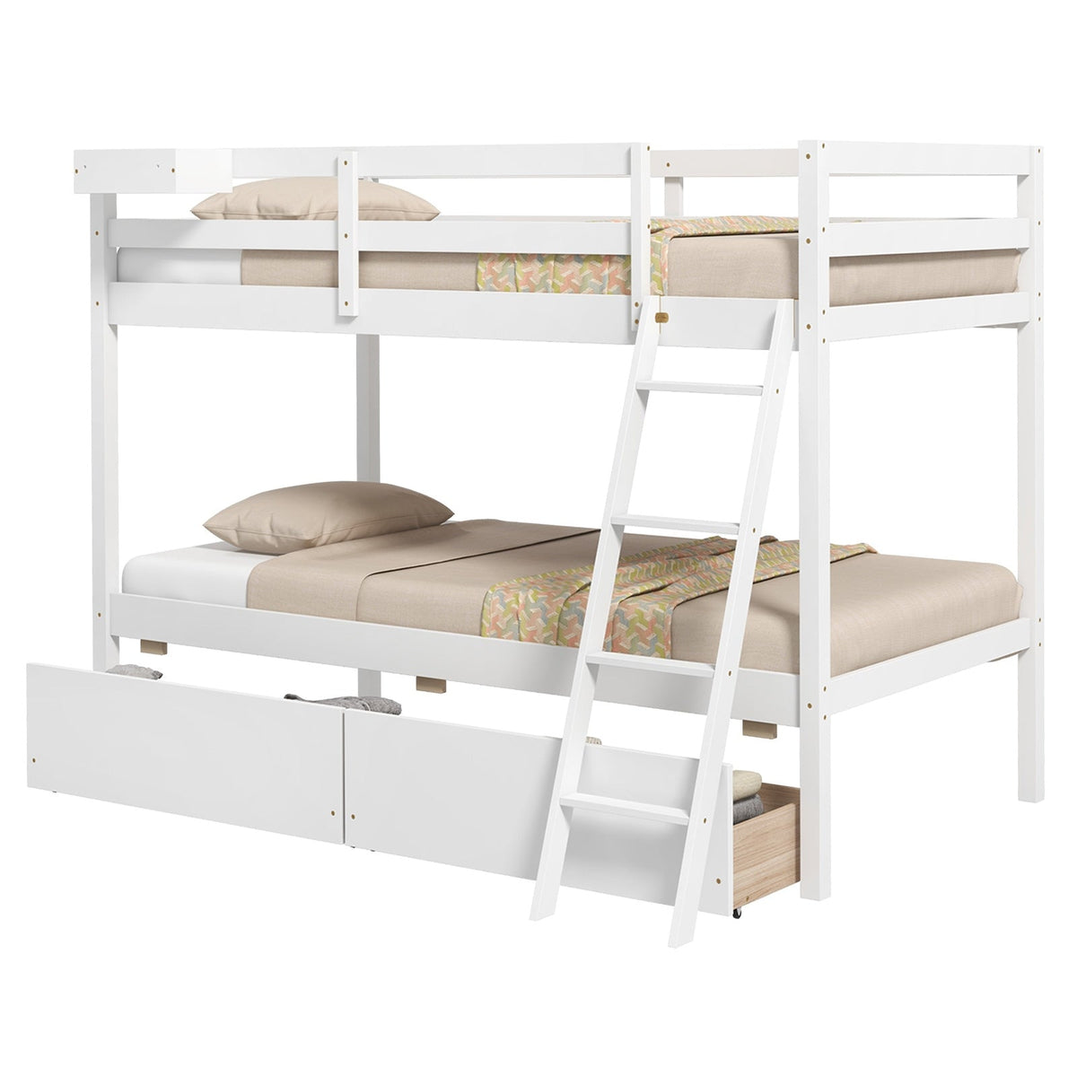 Twin Over Twin Bunk Bed Wood Bed Frame with 2 Storage Drawers and Ladder-Bunk Bed Frame-DECOROLALA