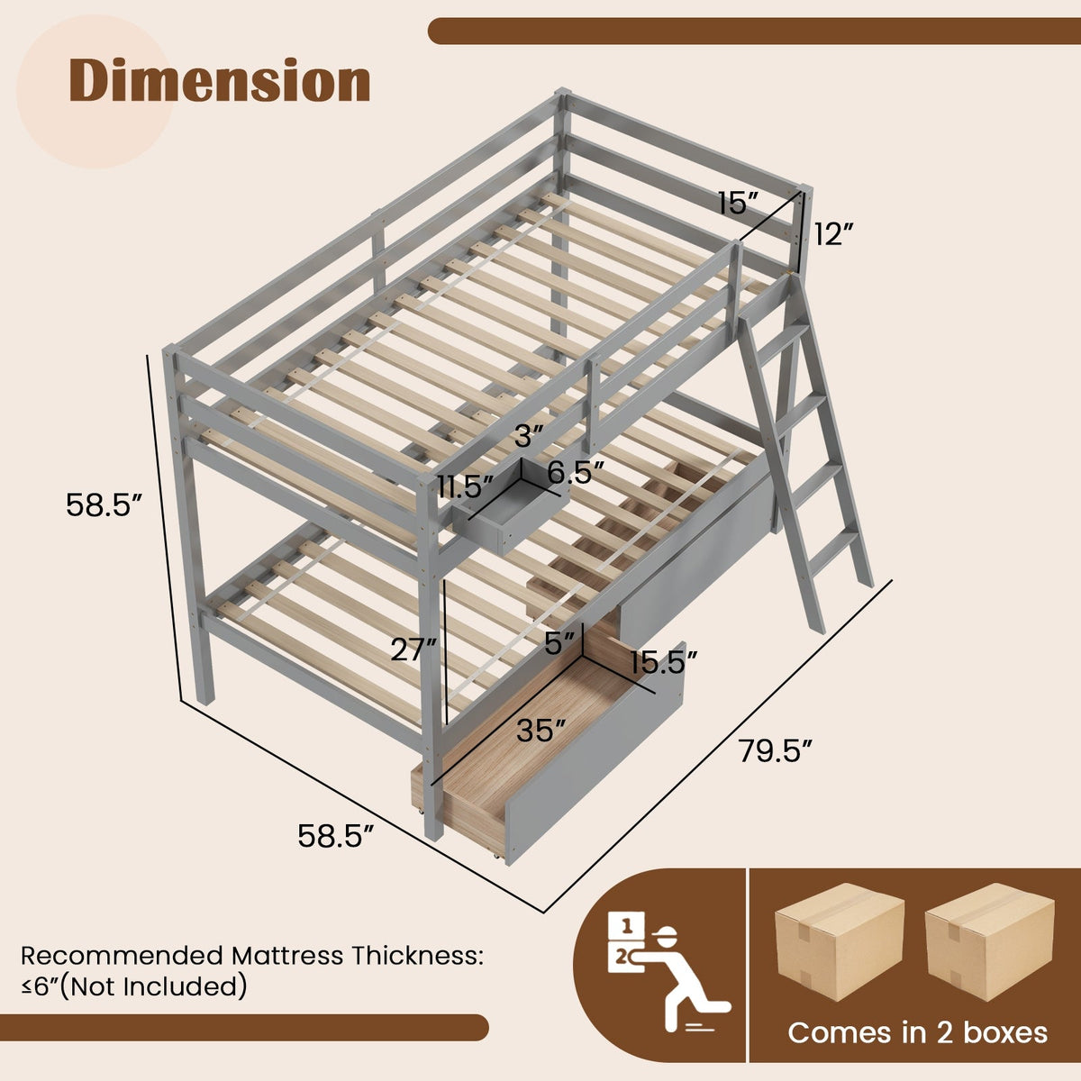 Twin Over Twin Bunk Bed Wood Bed Frame with 2 Storage Drawers and Ladder-Bunk Bed Frame-DECOROLALA