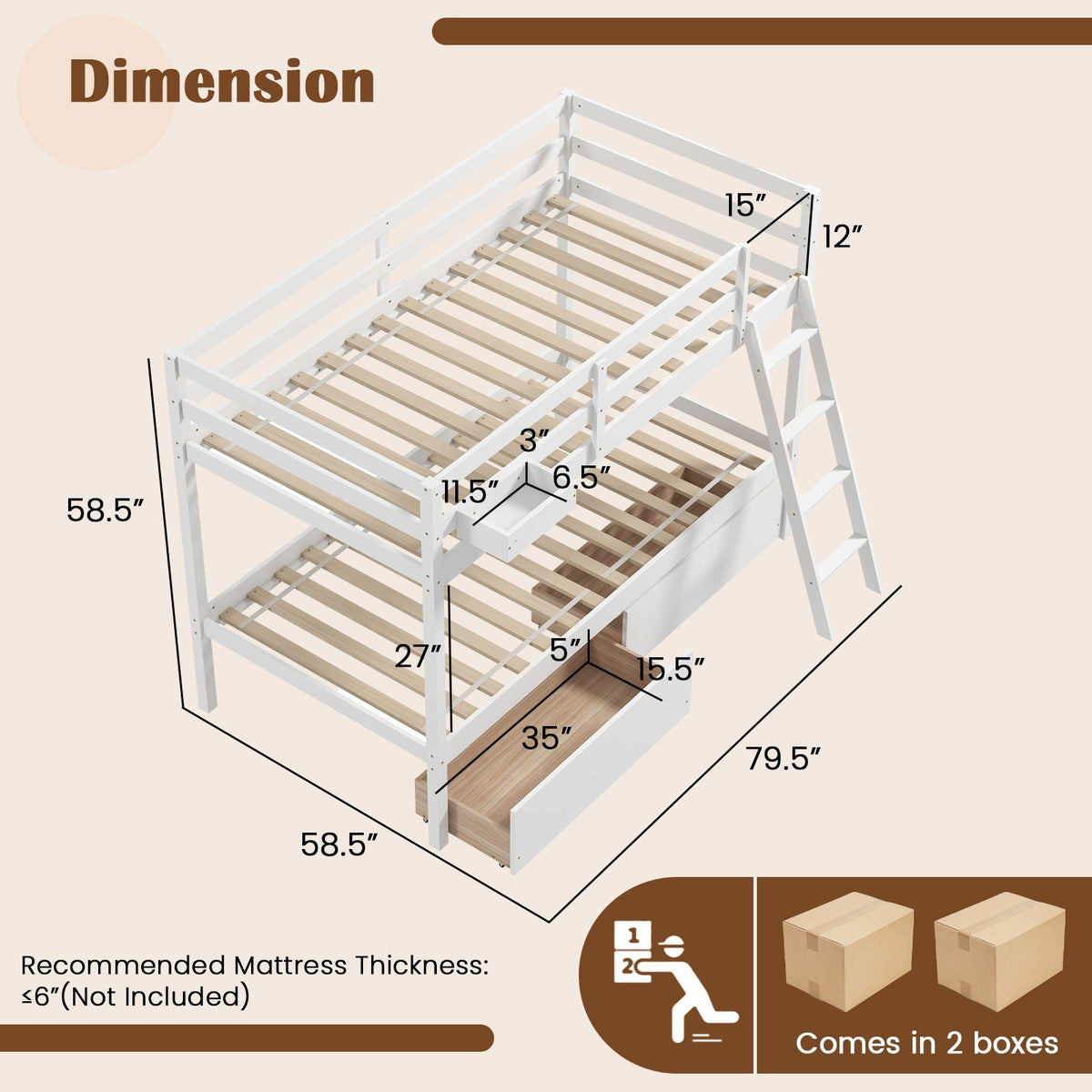Twin Over Twin Bunk Bed Wood Bed Frame with 2 Storage Drawers and Ladder-Bunk Bed Frame-DECOROLALA