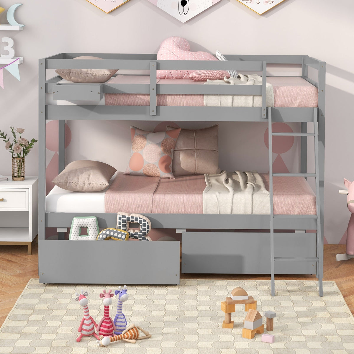 Twin Over Twin Bunk Bed Wood Bed Frame with 2 Storage Drawers and Ladder-Bunk Bed Frame-DECOROLALA