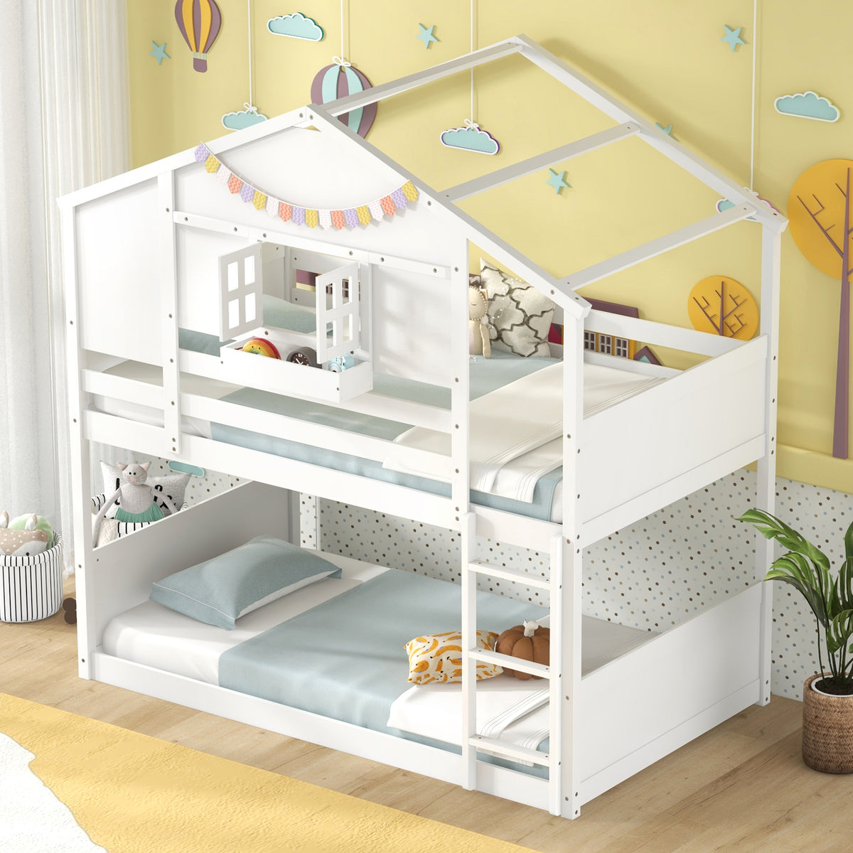 Twin Over Twin Bunk Bed for Kids with Roof and Lockable Window-White-Toddler Beds-DECOROLALA