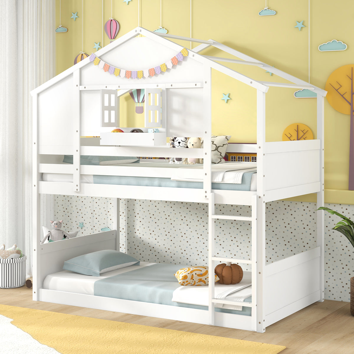 Twin Over Twin Bunk Bed for Kids with Roof and Lockable Window-White-Toddler Beds-DECOROLALA