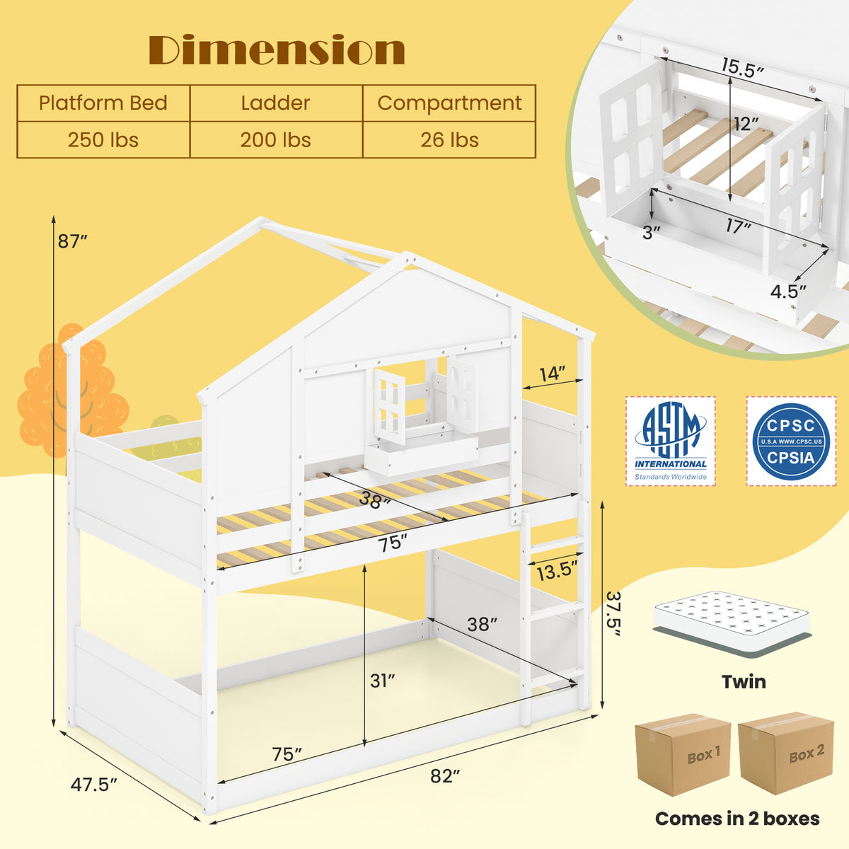 Twin Over Twin Bunk Bed for Kids with Roof and Lockable Window-White-Toddler Beds-DECOROLALA