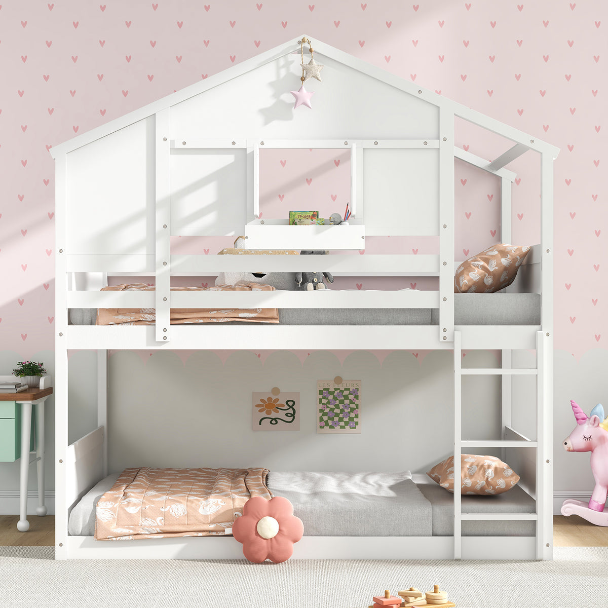Twin Over Twin Bunk Bed for Kids with Roof and Lockable Window-White-Toddler Beds-DECOROLALA