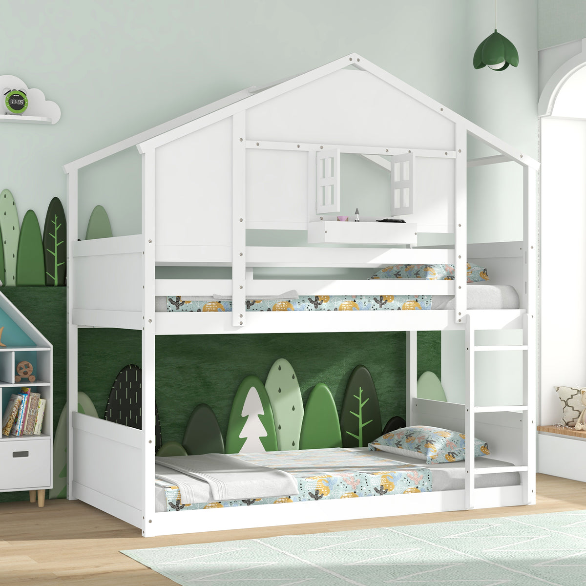 Twin Over Twin Bunk Bed for Kids with Roof and Lockable Window-White-Toddler Beds-DECOROLALA