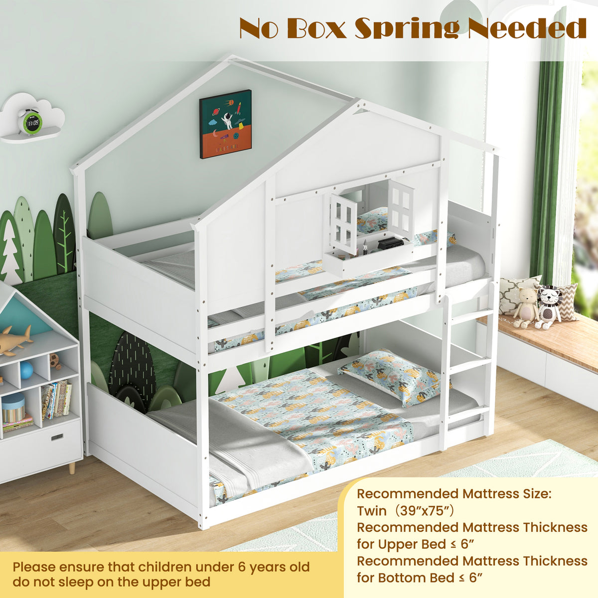 Twin Over Twin Bunk Bed for Kids with Roof and Lockable Window-White-Toddler Beds-DECOROLALA