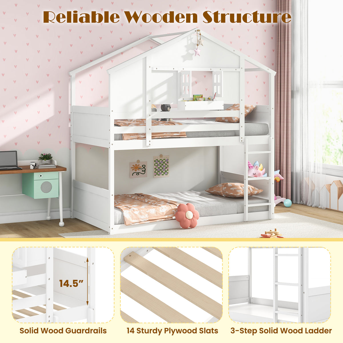 Twin Over Twin Bunk Bed for Kids with Roof and Lockable Window-White-Toddler Beds-DECOROLALA