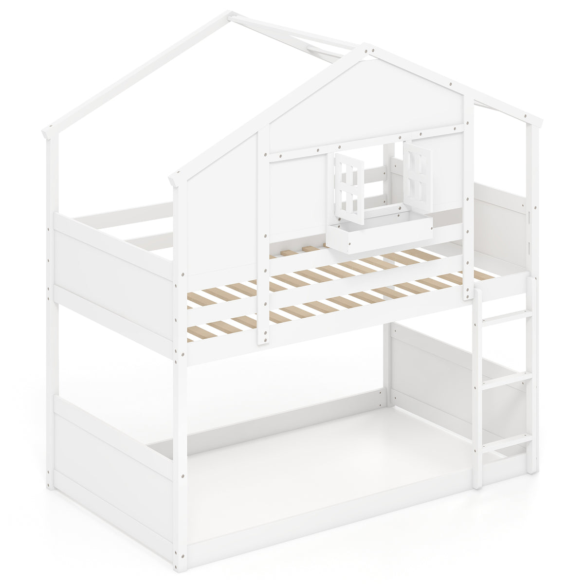 Twin Over Twin Bunk Bed for Kids with Roof and Lockable Window-White-Toddler Beds-DECOROLALA
