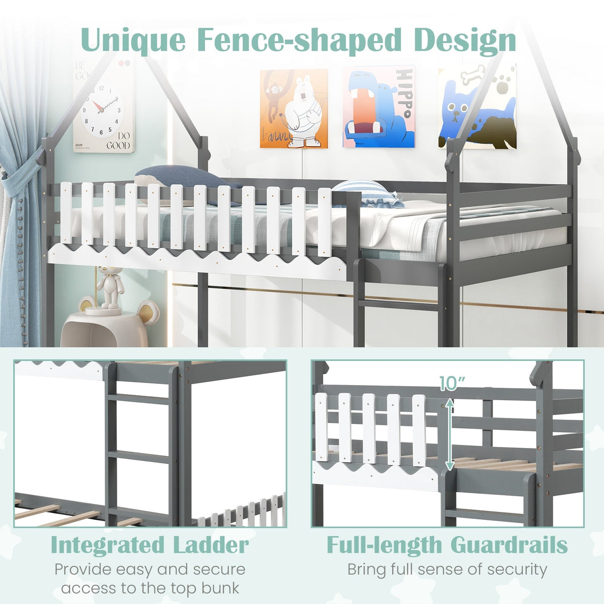 Twin Over Twin Bunk Bed with Fence and Ladder for Kids-Bunk Bed Frame-DECOROLALA