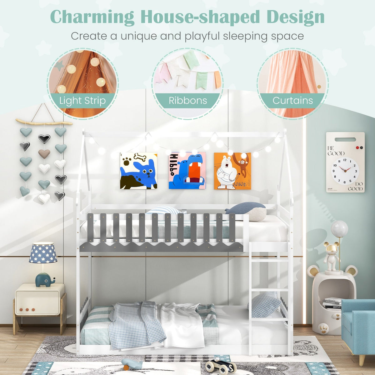Twin Over Twin Bunk Bed with Fence and Ladder for Kids-Bunk Bed Frame-DECOROLALA