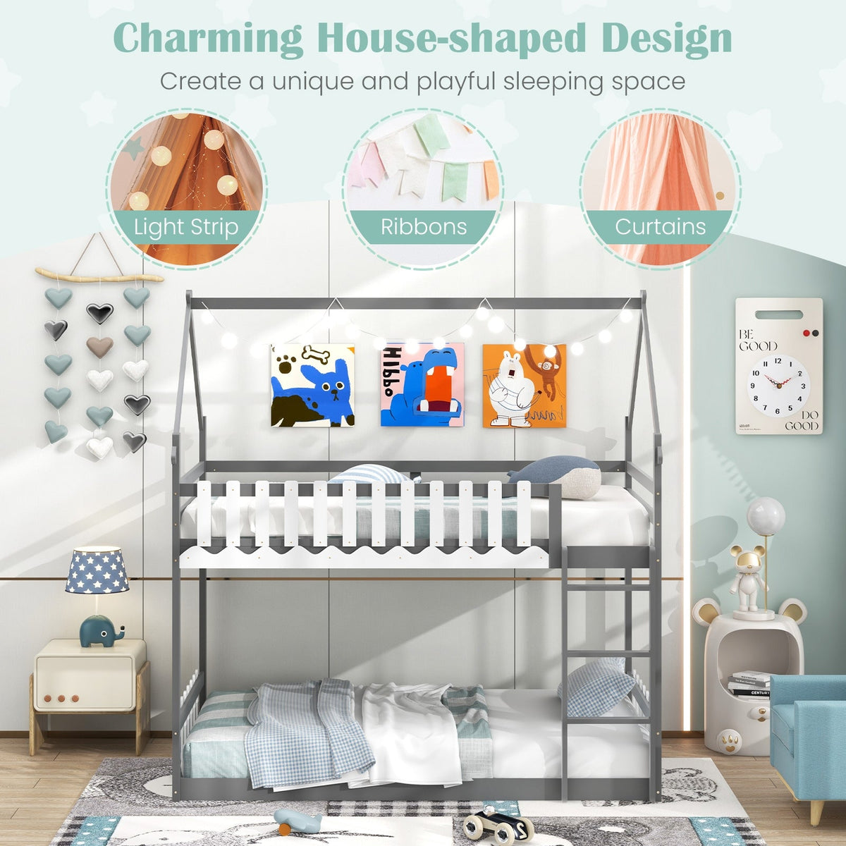 Twin Over Twin Bunk Bed with Fence and Ladder for Kids-Bunk Bed Frame-DECOROLALA