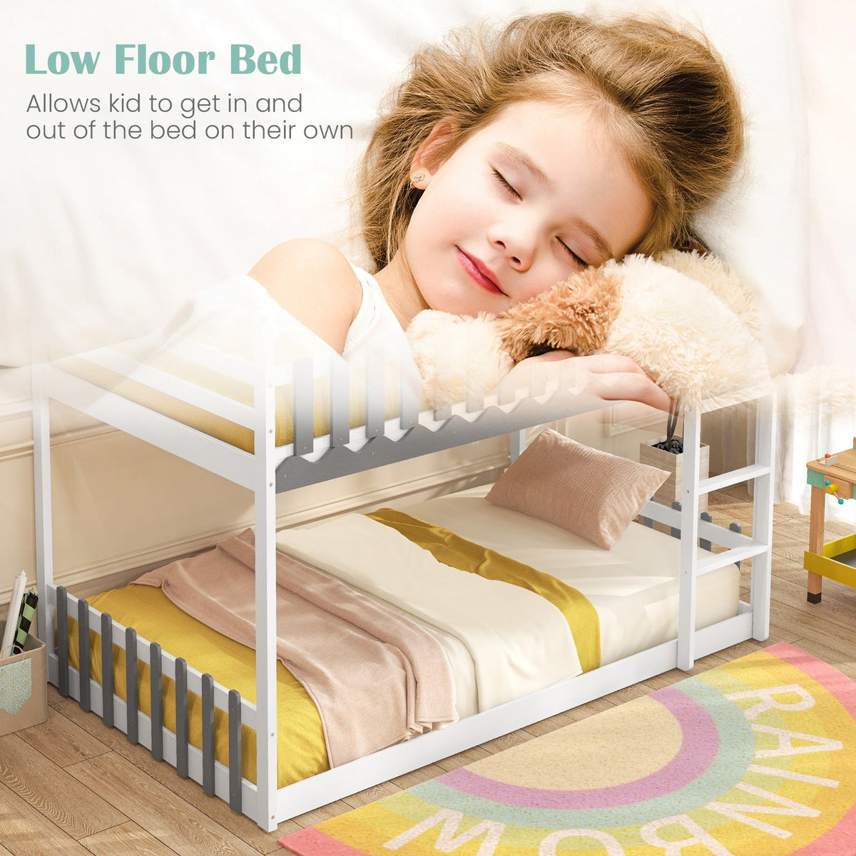 Twin Over Twin Bunk Bed with Fence and Ladder for Kids-Bunk Bed Frame-DECOROLALA