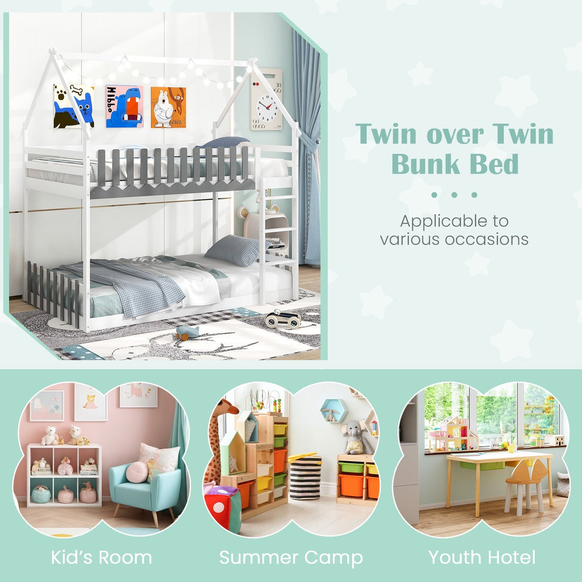 Twin Over Twin Bunk Bed with Fence and Ladder for Kids-Bunk Bed Frame-DECOROLALA