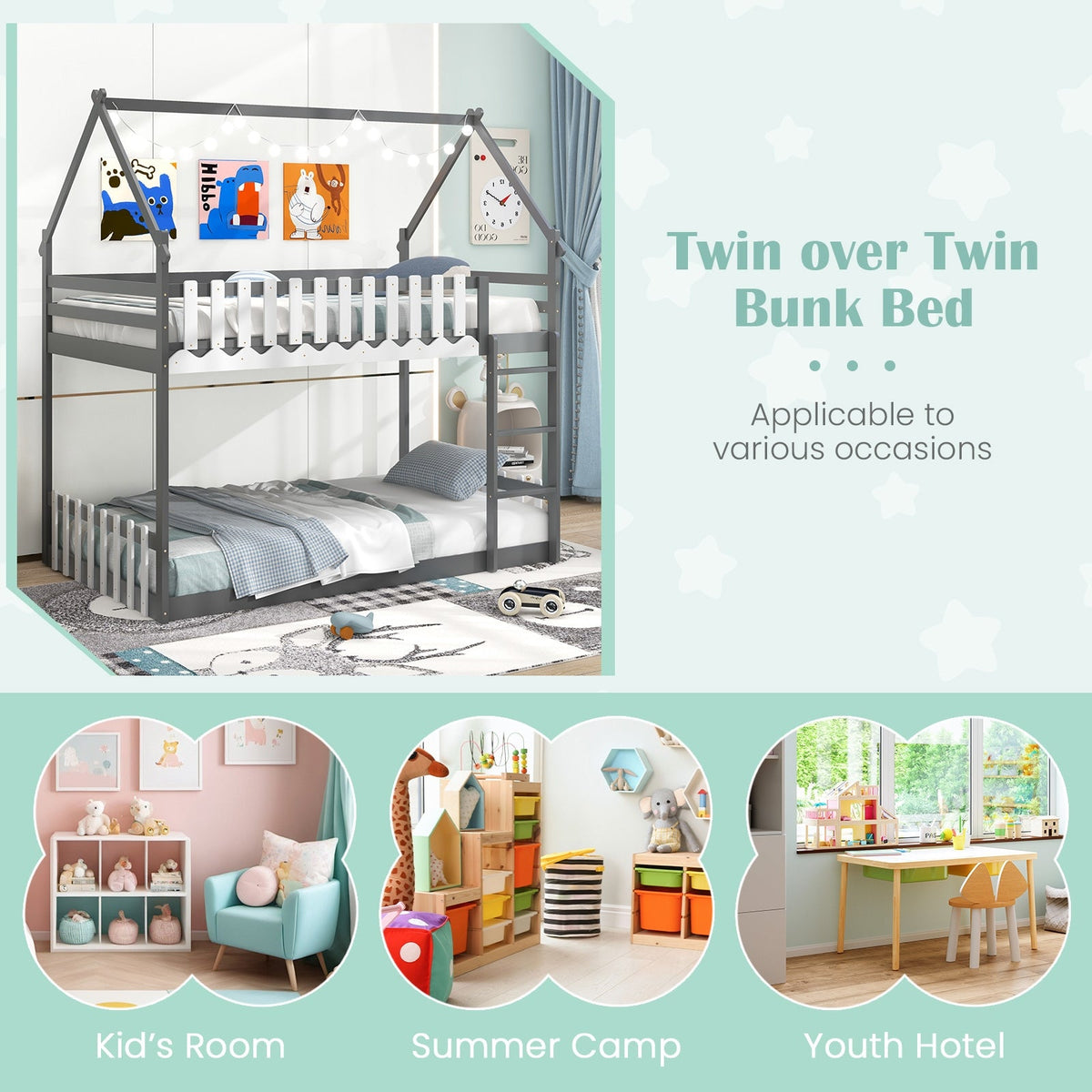 Twin Over Twin Bunk Bed with Fence and Ladder for Kids-Bunk Bed Frame-DECOROLALA