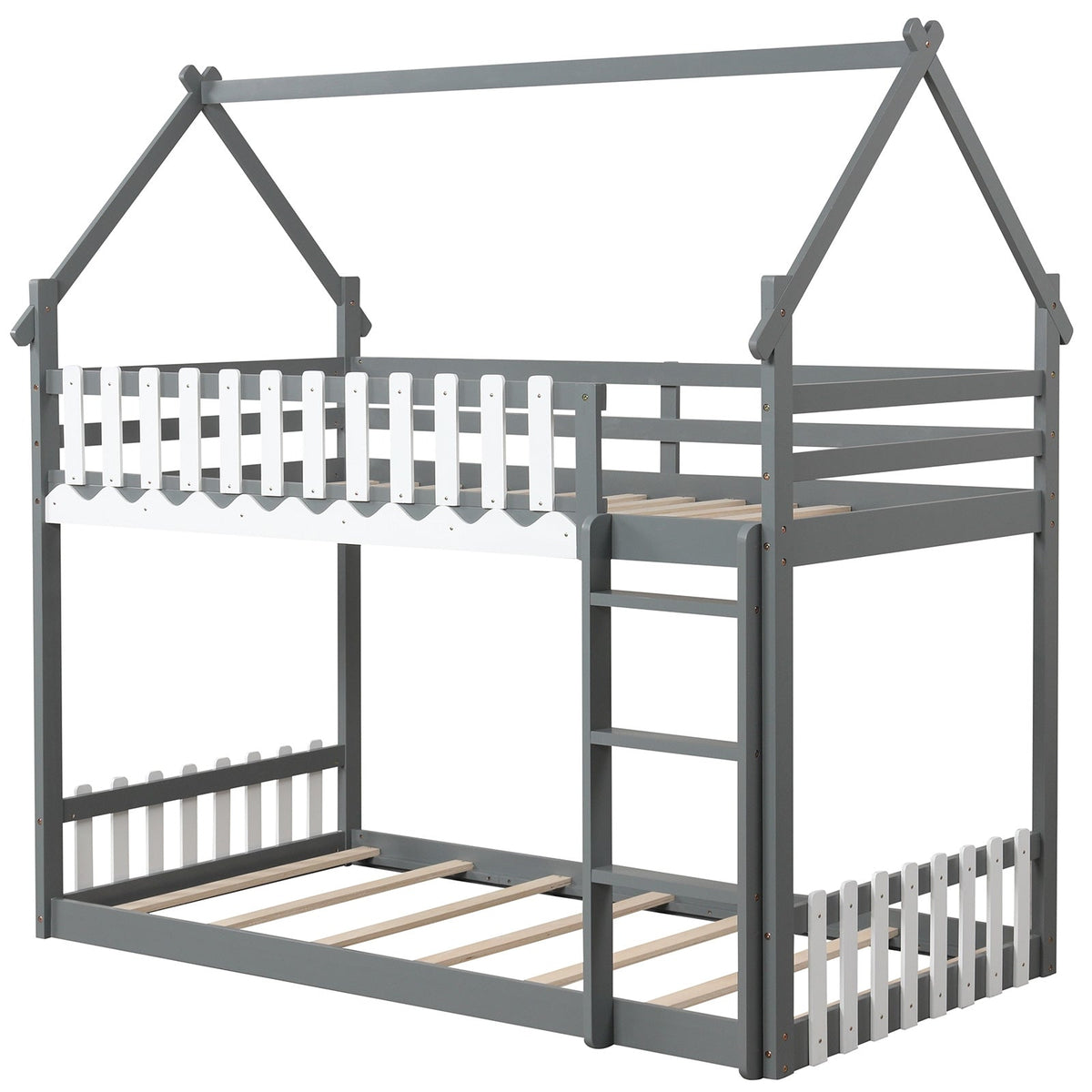 Twin Over Twin Bunk Bed with Fence and Ladder for Kids-Bunk Bed Frame-DECOROLALA