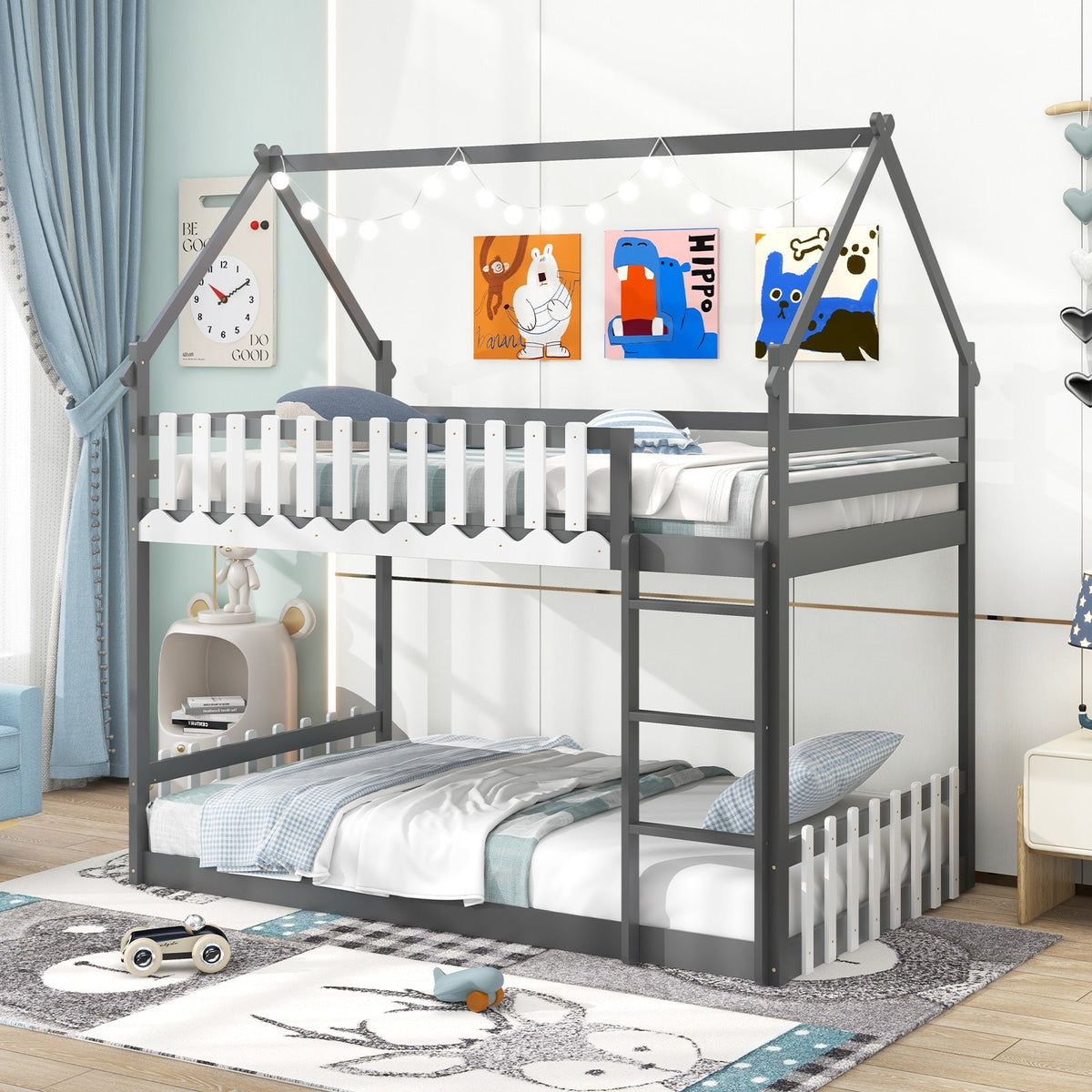 Twin Over Twin Bunk Bed with Fence and Ladder for Kids-Bunk Bed Frame-DECOROLALA