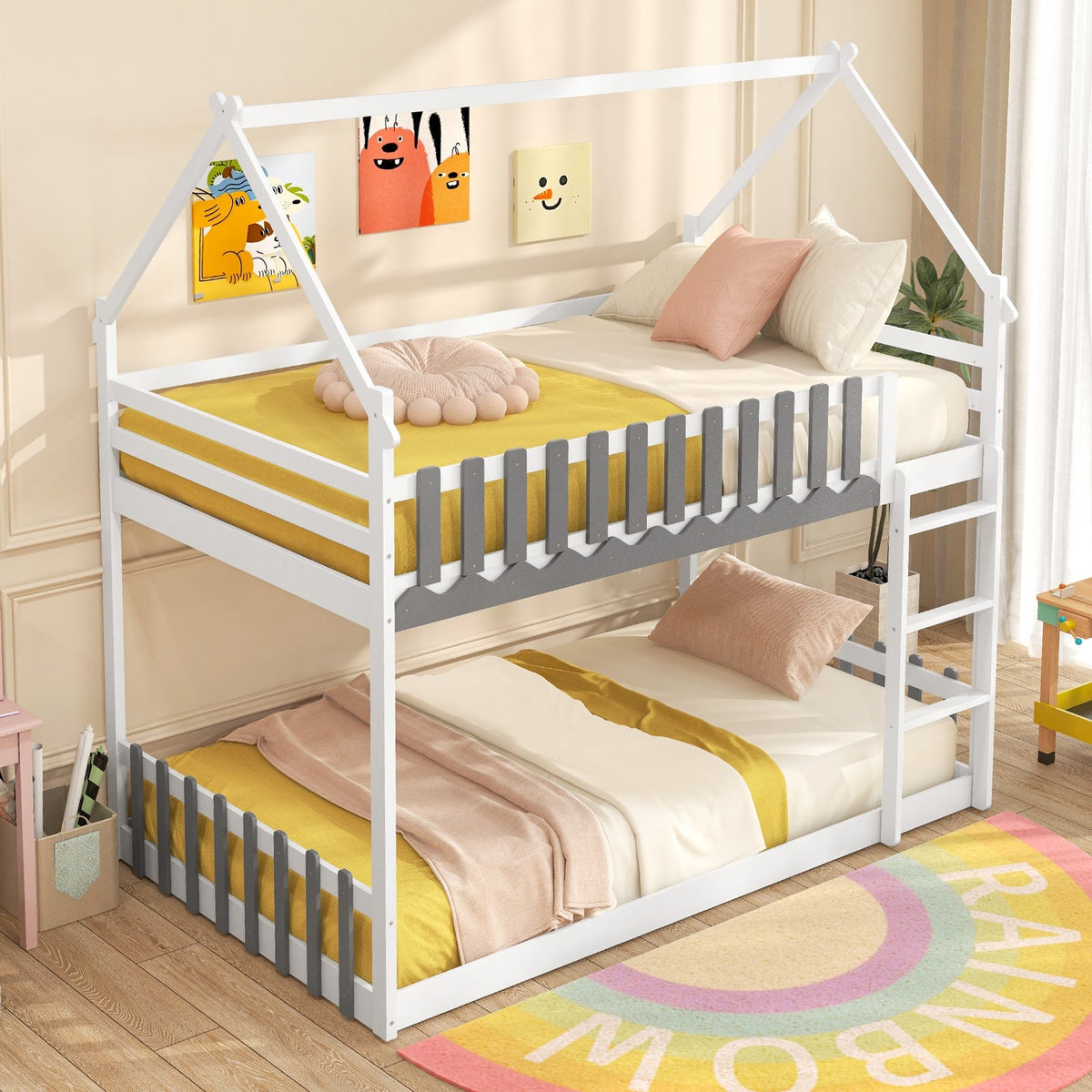 Twin Over Twin Bunk Bed with Fence and Ladder for Kids-Bunk Bed Frame-DECOROLALA
